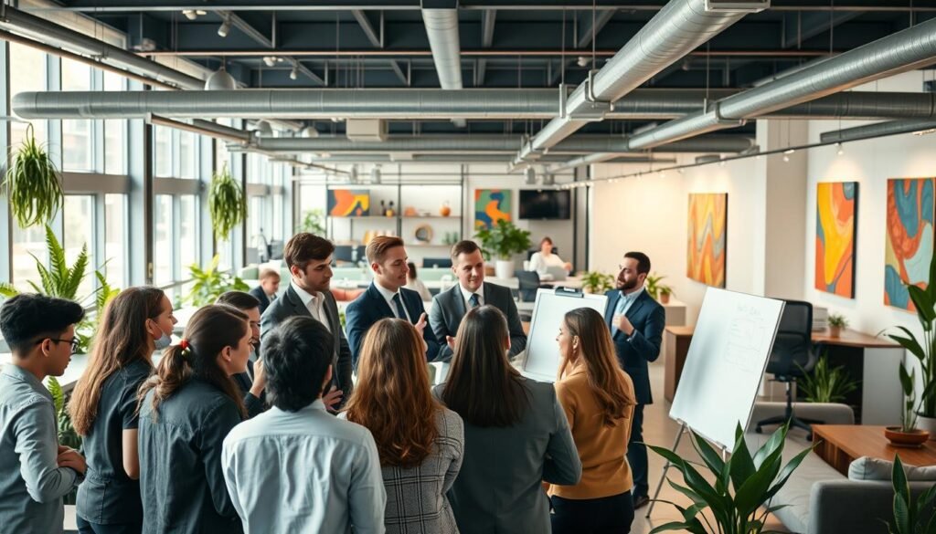 A bustling co-working space filled with ambitious entrepreneurs, mentors, and aspiring innovators. In the foreground, a group of young professionals huddle around a whiteboard, deep in discussion, their faces lit by the soft glow of a projector. In the middle ground, mentors in tailored suits offer guidance and feedback, gesturing animatedly. The background reveals a modern, open-concept office, with floor-to-ceiling windows letting in ample natural light. Potted plants, sleek furniture, and vibrant artwork create a dynamic, inspiring atmosphere. The overall scene conveys a sense of synergy, collaboration, and the thrill of entrepreneurial growth.