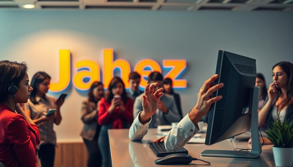A bustling customer service desk in a tech-savvy platform, "Jahez". The foreground showcases a stressed customer service agent, their hands gesturing emphatically as they navigate a complex issue on a sleek desktop computer. The middle ground reveals a queue of impatient customers, faces etched with frustration, phones in hand. The background depicts the Jahez logo, its vibrant colors and clean lines serving as a backdrop to the challenges of customer support. Soft, diffused lighting casts an air of professionalism, while the use of warm tones conveys a sense of urgency. The overall composition captures the tension and dynamism of the customer service experience on the Jahez platform.