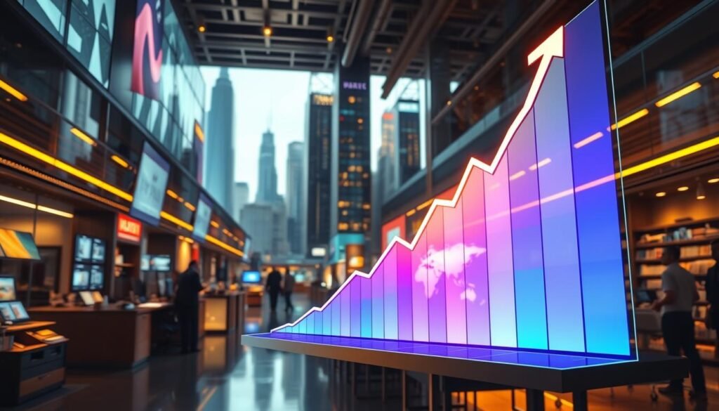 A bustling e-commerce marketplace, illuminated by the soft glow of digital displays. In the foreground, a vibrant graph depicting the exponential growth of B2B funding, its upward trajectory mirroring the expanding reach of online commerce. The middle ground features a sleek, modern office setting, with developers and analysts poring over data and strategizing the next phase of expansion. In the background, a cityscape of towering skyscrapers, symbolizing the global ambitions of this thriving e-commerce ecosystem. The scene is bathed in a warm, golden light, conveying a sense of optimism and opportunity. Crisp, high-resolution details and a cinematic, wide-angle perspective bring this vision of B2B e-commerce funding growth to life.