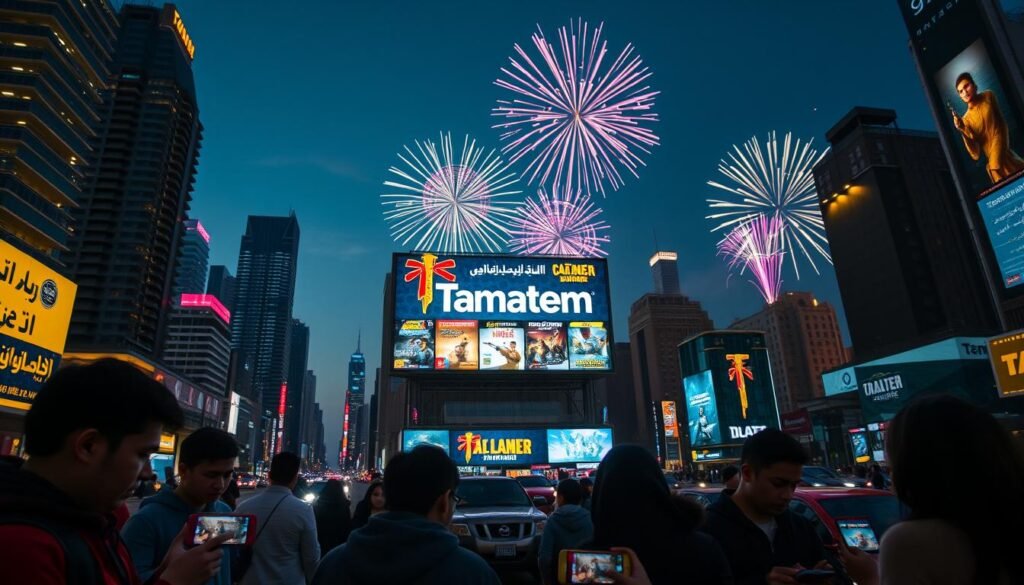 A bustling metropolitan cityscape at dusk, with towering skyscrapers and neon-lit streets. In the foreground, a group of young people engrossed in mobile games, their faces illuminated by the glow of their screens. The middle ground features a large billboard showcasing the Tamatem logo and various mobile game titles, hinting at the company's prominence in the MENA gaming market. The background is dominated by a vibrant, colorful display of fireworks, symbolizing the rapid growth and excitement of the Arabic mobile gaming industry. The scene is captured with a cinematic wide-angle lens, creating a sense of depth and immersion.