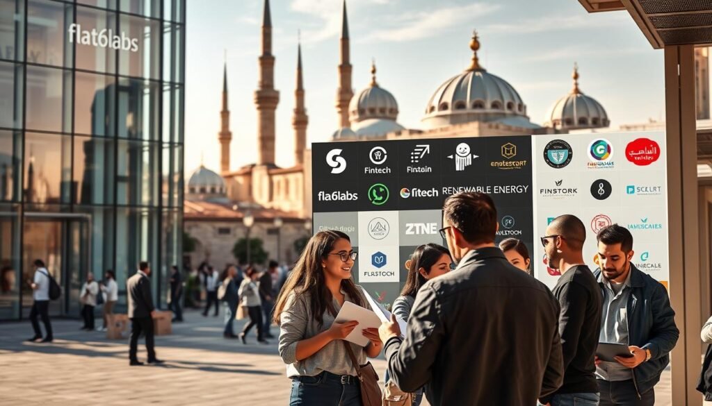 A bustling startup hub in the heart of Tunis, Tunisia. The modern architecture of Flat6Labs co-working space stands tall, its glass facade reflecting the vibrant energy of the entrepreneurs within. In the foreground, a group of young professionals engaged in animated discussions, laptops and documents in hand. The middle ground showcases a diverse range of startups, from fintech to renewable energy, their logos and branding adorning the walls. In the background, the iconic minarets and domes of the city's historic buildings provide a striking contrast, hinting at the fusion of old and new that defines Tunisia's thriving startup ecosystem. Warm, natural lighting illuminates the scene, capturing the sense of innovation, collaboration, and growth that permeates this dynamic startup community.