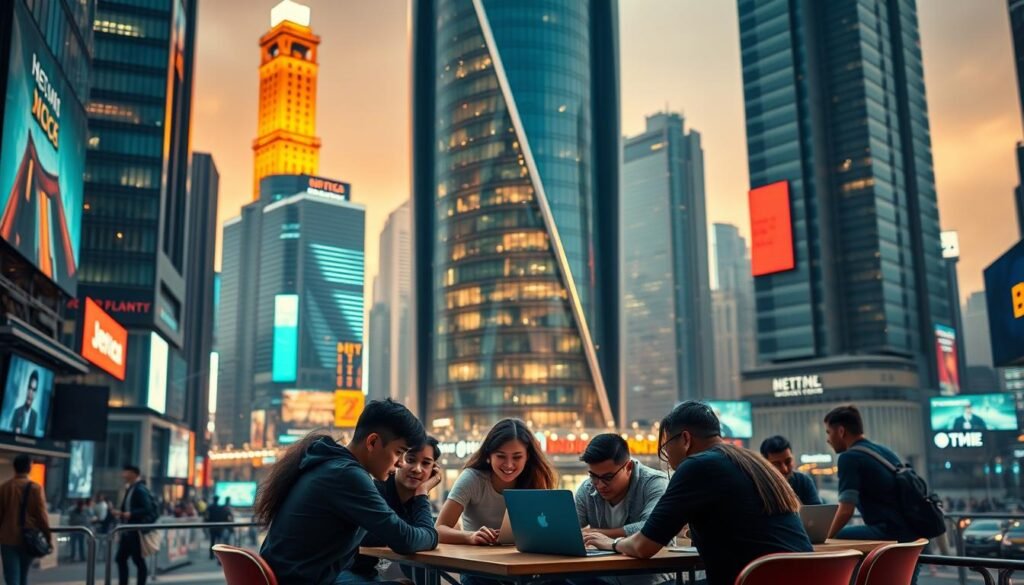 A bustling tech hub with towering buildings, glowing neon signs, and a dynamic energy. In the foreground, a group of young entrepreneurs huddle around a table, laptops open and faces alight with enthusiasm. The middle ground features a large, futuristic-looking structure, its sleek lines and glass facades symbolizing innovation and progress. The background is filled with a vibrant cityscape, hinting at the broader ecosystem of support for startups and innovation. Warm, diffused lighting casts a sense of optimism and possibility, while a cinematic camera angle captures the scale and ambition of the scene. The overall composition conveys the impact of venture capital investments in nurturing the growth of startups and fostering a culture of creativity and entrepreneurship.