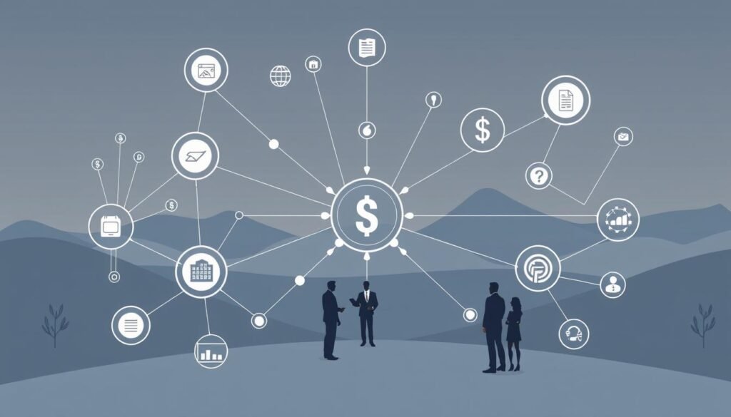 A comprehensive financial network and expert advisory services depicted in a sleek, modern illustration. A central hub with interconnected nodes and lines representing the flow of information, resources, and expertise. The foreground features stylized icons and symbols denoting various financial services and advisory capabilities. The middle ground showcases professional figures in business attire, engaged in collaborative discussions. The background is a minimalist, geometric landscape with subdued colors, conveying a sense of structure, efficiency, and reliability. Soft, directional lighting casts subtle shadows, creating depth and emphasizing the dynamic nature of the network. The overall mood is one of sophistication, technological prowess, and a commitment to empowering entrepreneurs and businesses.