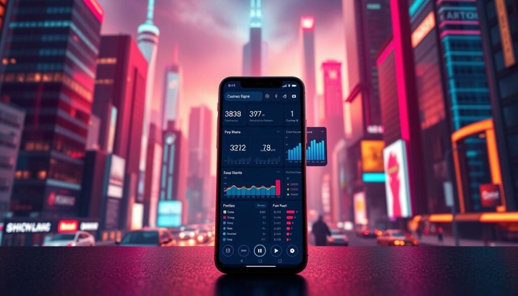 A creative optimization dashboard for a mobile game, showcased against a backdrop of vibrant neon lights and dynamic data visualizations. In the foreground, a smartphone screen displays an array of performance metrics, analytics, and A/B testing results, all meticulously curated to guide strategic decision-making. The middle ground features sleek, minimalist UI elements, seamlessly integrated with the overall design. In the background, a cityscape of towering skyscrapers and futuristic architecture sets the scene, evoking a sense of innovation and technological prowess. The lighting is a perfect balance of warm and cool tones, creating a visually striking and immersive atmosphere that captures the essence of strategic campaign execution and creative optimization for the mobile gaming industry.
