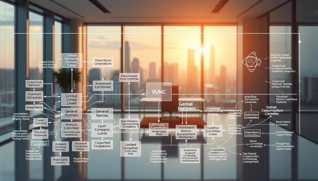 A detailed schematic diagram depicting the structure and workings of a venture capital fund. In the foreground, a complex network of interconnected financial elements, including limited partners, general partners, investment committees, and portfolio companies, all meticulously illustrated. In the middle ground, a sleek, modern office setting with floor-to-ceiling windows, casting a warm, ambient light across the scene. In the background, a cityscape skyline, symbolizing the global reach and impact of the fund's investments. The overall mood is one of precision, professionalism, and financial prowess, capturing the essence of the venture capital industry.