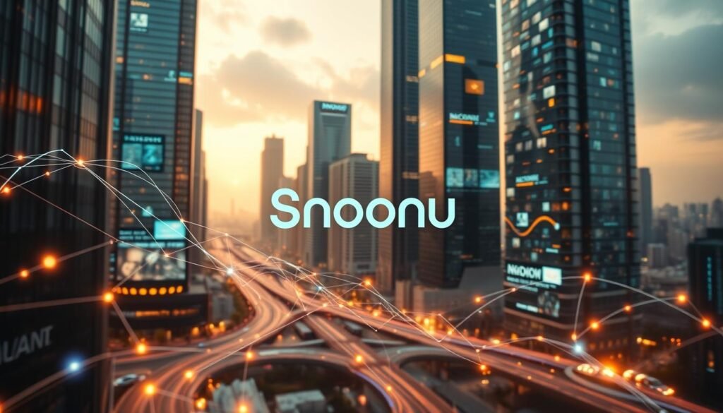 A digital transformation journey unfolds amidst a futuristic cityscape. In the foreground, a network of data streams and digital pathways intertwine, representing the integration of technology into the fabric of daily life. The middle ground showcases the iconic Snoonu logo, rendered in a sleek, holographic style, symbolizing the company's embrace of innovation. The background depicts a skyline of towering skyscrapers, their facades adorned with a mosaic of screens and projections, reflecting the rapid evolution of the digital landscape. Warm, diffused lighting illuminates the scene, creating a sense of progress and optimism. A cinematic depth of field and a subtle haze add depth and atmosphere, capturing the dynamic and transformative nature of Snoonu's digital transformation journey.