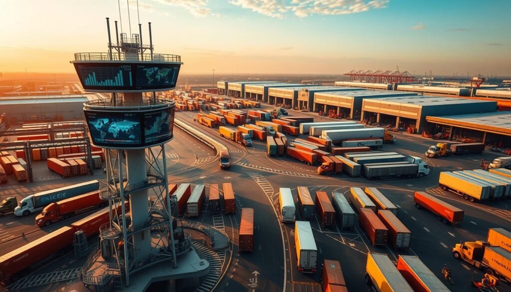 A dynamic aerial view of a bustling logistics hub, with cargo trucks and freight containers seamlessly moving in a well-orchestrated dance. In the foreground, a centralized control tower oversees the intricate web of operations, its large digital displays showcasing real-time data analytics on carrier revenue optimization. The middle ground depicts efficient loading and unloading processes, with automated systems and skilled personnel working in harmony to minimize empty miles and maximize asset utilization. The background is framed by the sleek silhouettes of modern warehouses and distribution centers, their architectural design optimized for energy efficiency and scalability. Warm, directional lighting accentuates the seamless integration of technology and human expertise, creating an atmosphere of productivity and profitability.