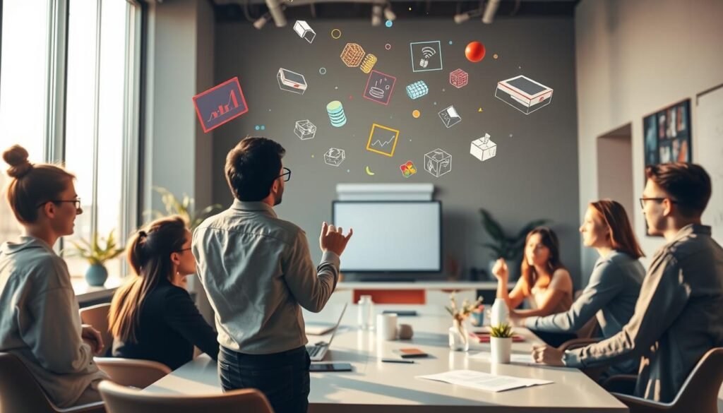 A dynamic brainstorming session unfolds, with a team of innovative entrepreneurs gathered around a sleek, modern workspace. Vibrant digital sketches and prototypes float in the air, seamlessly transforming into tangible projects. The space is bathed in warm, natural light, creating a serene and focused atmosphere. In the foreground, a central figure stands, gesturing passionately as they guide the group towards realizing their visionary ideas. The overall scene conveys a sense of excitement, collaboration, and the boundless potential of turning creative thoughts into pioneering entrepreneurial ventures.