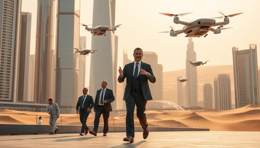 A dynamic, futuristic cityscape of the United Arab Emirates, with towering skyscrapers and gleaming glass facades. In the foreground, a group of distinguished-looking leaders in formal attire stride confidently, gesturing animatedly as they discuss plans for innovation and economic growth. The scene is bathed in warm, golden light, conveying a sense of optimism and progress. In the middle ground, futuristic transportation systems and drone technology hover and zip through the air, symbolizing the nation's embrace of cutting-edge technology. The background features a horizon of sand dunes, juxtaposing the modern metropolis with the country's rich, desert heritage. The overall impression is one of a nation at the forefront of innovation, driven by its visionary leadership.