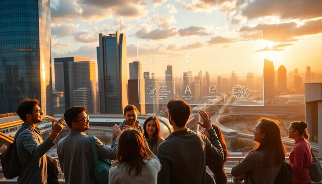 A dynamic urban landscape with vibrant skyscrapers and modern architectural elements, illuminated by warm, golden lighting that casts long shadows across the scene. In the foreground, a group of young, diverse entrepreneurs gesticulate excitedly as they discuss their innovative startup ideas, their expressions brimming with passion and determination. In the middle ground, a large holographic display showcases the success stories of thriving local startups, their logos and growth charts projecting an aura of inspiration and achievement. The background features a bustling city skyline, with sleek transportation systems and a vibrant, tech-savvy community bustling with energy and optimism, reflecting the transformative impact of the Hub71 innovation center.