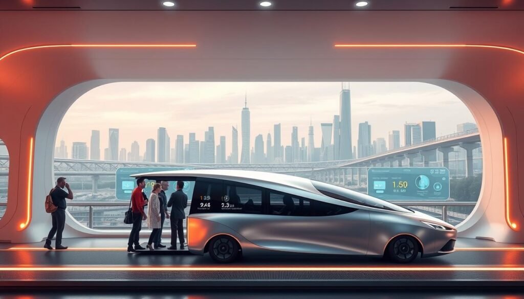 A futuristic rendering of a "Smart Mobility Platform", showcasing a sleek, minimalist design with clean lines and a modern aesthetic. In the foreground, a group of passengers board a streamlined, electric-powered vehicle, its metallic exterior gleaming under the warm, directional lighting. The middle ground features a series of intuitive digital interfaces, displaying real-time route information, schedules, and booking details. In the background, a city skyline with towering skyscrapers and a network of efficient transportation infrastructure creates a sense of a connected, technologically-advanced urban environment. The overall atmosphere conveys a vision of seamless, intelligent mobility solutions that enhance the urban commuting experience.
