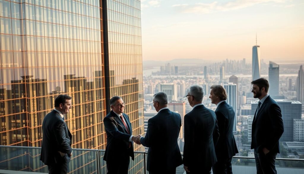 A grand, glass-walled corporate headquarters overlooking a bustling cityscape, its modern architecture and sleek design conveying a sense of global influence and financial prowess. In the foreground, a group of business leaders shake hands, their sharp suits and confident expressions reflecting the strategic partnerships forged between this local venture and world-renowned financial institutions. The background is bathed in warm, golden light, suggesting an atmosphere of prosperity and opportunity. Shadows play across the scene, creating depth and emphasizing the sense of collaboration and synergy. The overall composition evokes the empowering impact of international financing on the growth and success of this innovative enterprise.