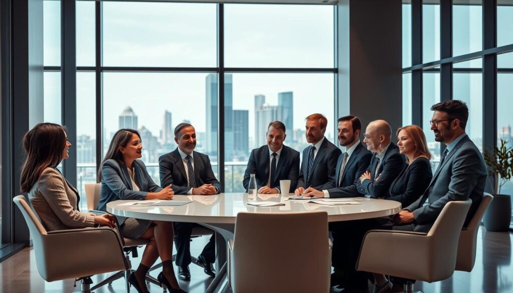 A group of distinguished business leaders and executives gathered in a modern corporate office setting. The foreground features a round table with several individuals engaged in discussion, their expressions focused and their body language conveying a sense of collaboration. The middle ground showcases the sleek, minimalist decor of the space, with large windows letting in natural light that casts a warm, professional glow. The background features a cityscape visible through the windows, suggesting an urban, cosmopolitan atmosphere. The overall scene conveys a sense of strategic planning, decision-making, and leadership at the highest level.