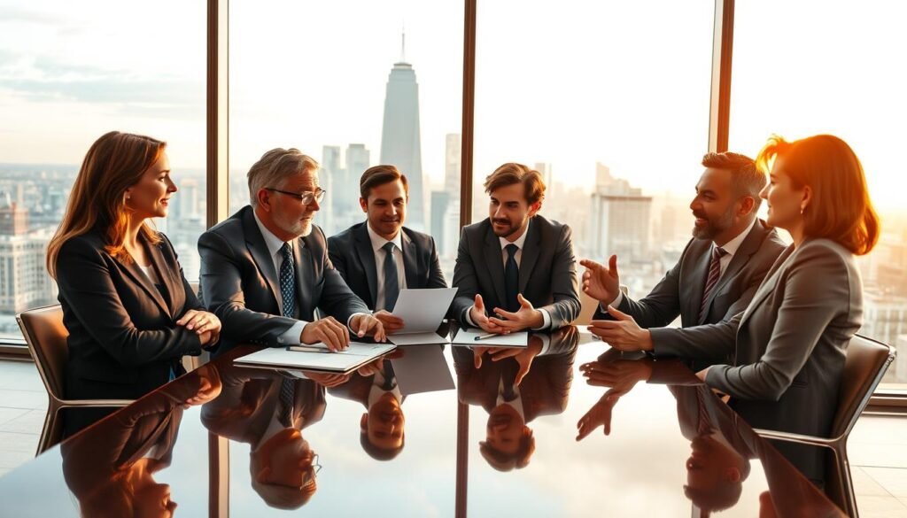 A group of distinguished business leaders sit around a polished conference table, exuding an aura of confidence and expertise. In the foreground, three individuals - a well-dressed woman, a seasoned gentleman, and a charismatic young executive - engage in a lively discussion, their body language conveying a sense of strategic collaboration. The middle ground features two additional team members, one leaning forward intently, the other gesturing animatedly. In the background, a large window offers a panoramic view of a bustling city skyline, bathed in warm, golden light. The overall scene projects an atmosphere of professionalism, innovation, and visionary leadership.