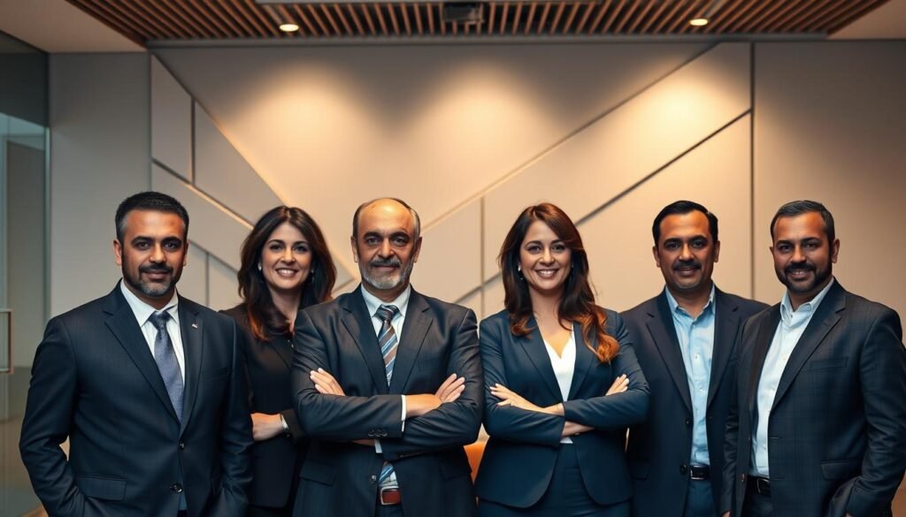 A high-resolution corporate portrait of the leadership team of Middle East Venture Partners, a prestigious venture capital firm based in the Middle East. The frame showcases a group of 4-6 distinguished, well-dressed individuals - the partners and executives - posed confidently in a stylish, modern office setting. Soft, directional lighting illuminates their faces, creating a sense of professionalism and authority. The background features minimalist, geometric decor in neutral tones, allowing the subjects to take center stage. The overall composition and mood reflect the organization's reputation for expertise, integrity, and vision in the regional investment landscape.