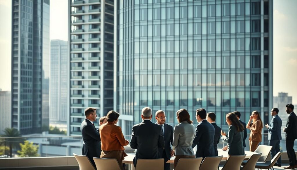 A high-rise office building with a modern, sleek design in the background. In the foreground, a group of business professionals dressed in formal attire are gathered around a conference table, engaged in a lively discussion. The lighting is bright and professional, casting subtle shadows across the scene. The atmosphere conveys a sense of excitement and anticipation, as if they are in the midst of an important announcement or fundraising event. The overall composition suggests a dynamic, forward-thinking financial institution poised for growth and expansion.