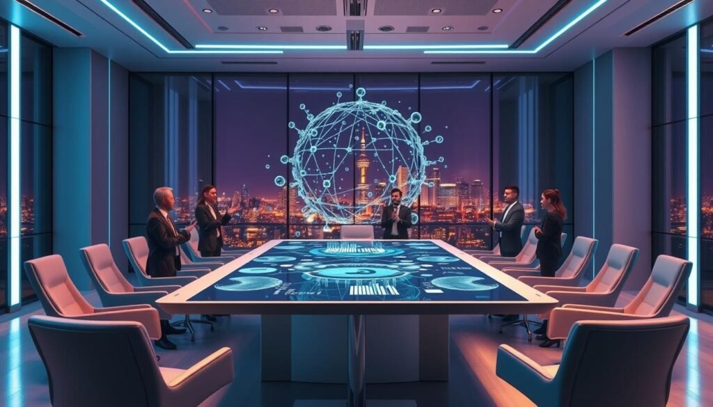 A high-tech boardroom with sleek, futuristic furniture and minimalist decor. At the center, a large holographic display presents intricate visualizations of artificial intelligence algorithms and biological data. Executives from BioNTech and InstaDeep stand around the table, gesturing animatedly as they discuss the merger. Subtle blue and purple lighting casts an air of innovation and progress. The room exudes a sense of collaboration, as the two companies come together to push the boundaries of AI-powered biotechnology. Through the window, the urban skyline of a modern city glitters in the distance, reflecting the global significance of this strategic alliance.