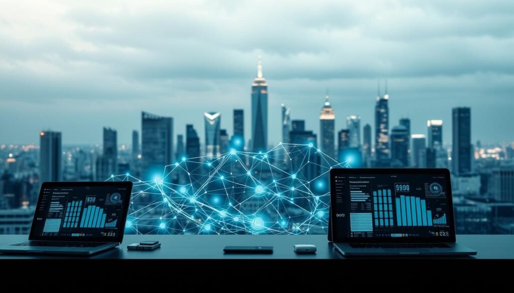 A high-tech e-commerce platform with a sleek, modern design. The foreground features an array of digital devices - laptops, tablets, and smartphones - showcasing the platform's intuitive interface and diverse functionalities. The middle ground depicts a complex network of interconnected data flows, representing the platform's seamless integration and real-time analytics. In the background, a cityscape with towering skyscrapers symbolizes the platform's global reach and enterprise-level capabilities. Soft, diffused lighting illuminates the scene, creating a professional and sophisticated atmosphere. The overall composition conveys the comprehensive, integrated nature of the e-commerce solution.