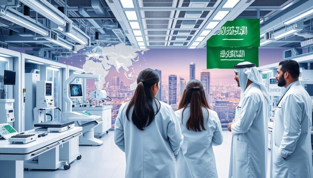A high-tech healthcare facility, gleaming with state-of-the-art medical equipment and technology. In the foreground, healthcare professionals in crisp white coats collaborate, discussing strategic partnerships. The middle ground showcases a global network of connected hospitals, clinics, and research centers, signifying the scale and reach of these collaborative efforts. In the background, a vibrant cityscape representing economic prosperity, with the Saudi Arabian flag prominently displayed, alluding to the strategic vision 2030. Soft, directional lighting illuminates the scene, conveying a sense of professionalism, innovation, and national pride. The overall composition exudes a tone of progressive, forward-thinking healthcare solutions that drive economic growth and align with the country's ambitious developmental goals.