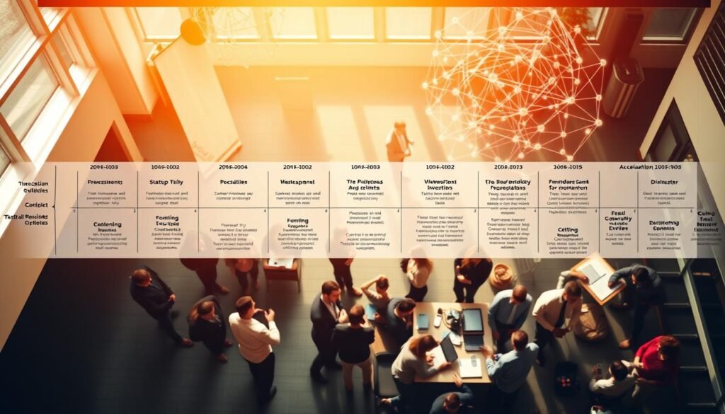 A meticulously crafted 13-week accelerator program structure, illuminated by warm natural lighting and captured from a dynamic overhead perspective. The foreground features a sleek timeline with distinct milestones, surrounded by a structured layout of startup activities, workshops, and mentorship sessions. The middle ground showcases a vibrant network of founders, industry experts, and investors, engaged in collaborative discussions. In the background, a sophisticated technology ecosystem unfolds, hinting at the innovative potential of the program. The overall composition conveys a sense of momentum, progress, and the nurturing of transformative ideas.