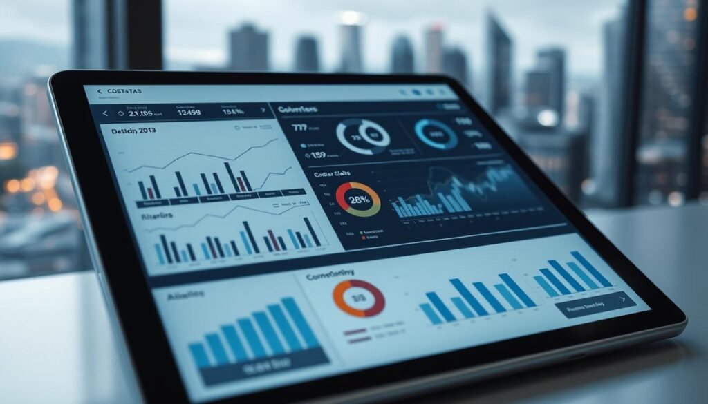 A meticulously designed data analytics dashboard displayed on a sleek, minimalist device. The foreground features an array of charts, graphs, and visualizations displaying insightful financial and operational data. The middle ground showcases a stylized infographic highlighting key performance indicators and trends. In the background, a blurred city skyline evokes a sense of a bustling, connected urban environment. The overall scene conveys a mood of informed, data-driven decision making, with a color palette of cool blues and grays complementing the sophisticated, technology-driven aesthetic.