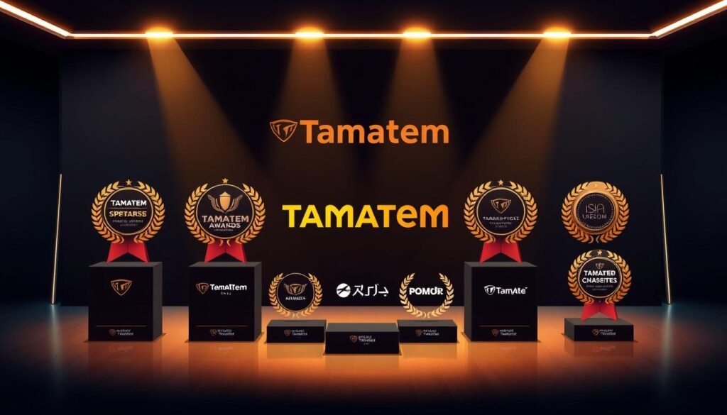 A meticulously designed illustration showcasing the impressive awards and partnerships of Tamatem, the leading mobile games publisher in the Arab world. Set against a sleek, modern backdrop, the image features a stylized arrangement of Tamatem's prestigious accolades and collaboration logos, highlighted by warm, directional lighting that casts a sense of prestige and accomplishment. The layout is sophisticated and visually striking, with each element thoughtfully positioned to create a harmonious, visually compelling composition. The overall aesthetic conveys Tamatem's reputation for excellence, innovation, and industry leadership within the dynamic Arab gaming landscape.