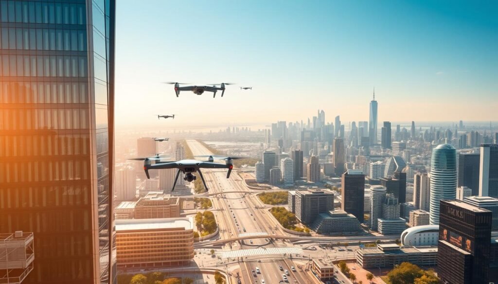 A modern and futuristic cityscape featuring a variety of cutting-edge technologies. In the foreground, a sleek high-rise building with a minimalist, glass-and-steel facade dominates the scene. In the middle ground, a network of hovering drones and autonomous vehicles navigate the streets, while in the background, a sprawling metropolis of towering skyscrapers stretches out towards the horizon. The entire scene is bathed in a warm, golden light, creating a sense of prosperity and innovation. The overall composition conveys the strategic investment in modern technologies and their transformative impact on the urban landscape.