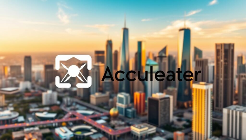 A modern, clean-lined business accelerator program logo against a backdrop of a dynamic, entrepreneurial city skyline. The foreground features a stylized icon representing the accelerator's core mission - empowering and supporting the growth of innovative startups. The middle ground showcases vibrant skyscrapers and office buildings, conveying a sense of energy, progress, and opportunity. The background is bathed in warm, golden lighting, creating an atmosphere of ambition, optimism, and success. The overall composition evokes a vision of a thriving, forward-thinking ecosystem dedicated to nurturing and accelerating the next generation of companies.
