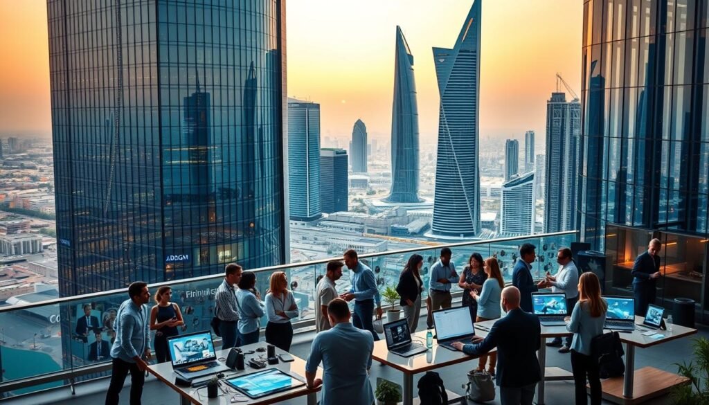 A modern, dynamic FinTech innovation hub in Abu Dhabi, featuring a sleek glass-and-steel high-rise building set against a backdrop of vibrant city skyline. In the foreground, a group of diverse professionals collaborating at standing desks, surrounded by holographic displays and the latest digital technologies. Warm lighting and an atmosphere of creativity and productivity pervade the scene. The middle ground showcases a bustling co-working space, with entrepreneurs and startup teams engaged in lively discussions. In the background, the iconic ADGM (Abu Dhabi Global Market) towers stand tall, symbolizing the city's commitment to fostering a thriving FinTech ecosystem.