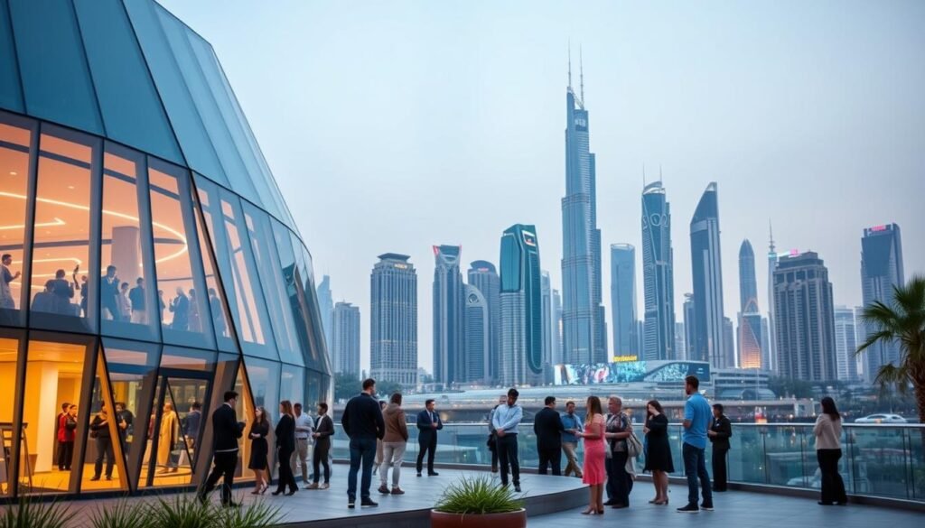 A modern financial hub with a vibrant FinTech ecosystem. In the foreground, a sleek, glass-enclosed building represents the DIFC FinTech Hive, its angular architecture and gleaming facade reflecting the cutting-edge innovations within. In the middle ground, a diverse array of professionals, from developers to investors, engage in animated discussions, collaborating to drive the region's financial transformation. In the background, the iconic skyline of Dubai rises, its towering skyscrapers and futuristic design symbolizing the ambitious vision of the Middle East's financial capital. Soft, directional lighting illuminates the scene, casting a warm, yet professional glow and highlighting the dynamic energy of this innovative financial hub.