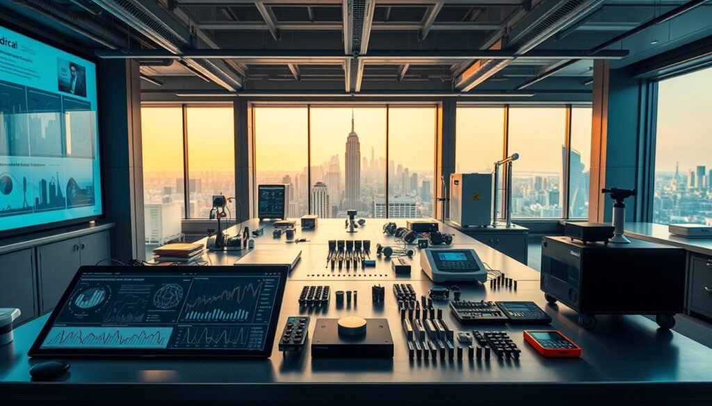 A modern, high-tech laboratory setting with various impact measurement tools and methodologies laid out on sleek, metal workbenches. In the foreground, a data visualization dashboard displays complex metrics and analytical insights. The middle ground features an array of specialized instruments, such as digital scales, impact testers, and sensor arrays. The background showcases a panoramic view of the city skyline through large, floor-to-ceiling windows, bathed in warm, diffused lighting. The overall atmosphere conveys a sense of scientific rigor, technological innovation, and a commitment to quantifying real-world impact.