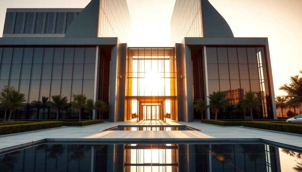 A modern, minimalist office building with a sleek, angular facade of glass and steel, bathed in warm, golden afternoon sunlight. The front entrance is framed by tall, slender columns, leading into a spacious, light-filled lobby. Manicured landscaping and a reflecting pool accent the building's clean, sophisticated design. The scene conveys a sense of professionalism, innovation and Middle Eastern influences, befitting the headquarters of a prominent venture capital firm.