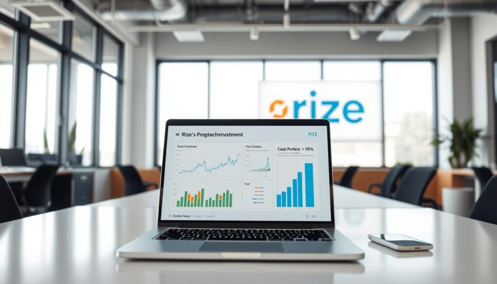 A modern office interior, illuminated by natural light filtering through large windows. On a sleek, minimalist desk, a laptop displays financial data and charts, representing the case study of Rize's Series A investment. A meticulously organized workspace, with carefully curated details that convey the professionalism and analytical approach of the proptech investment team. In the background, a wall-mounted display showcases the Rize brand identity, underscoring the success of the venture. The overall atmosphere is one of innovation, diligence, and the pursuit of groundbreaking opportunities in the rapidly evolving proptech landscape.