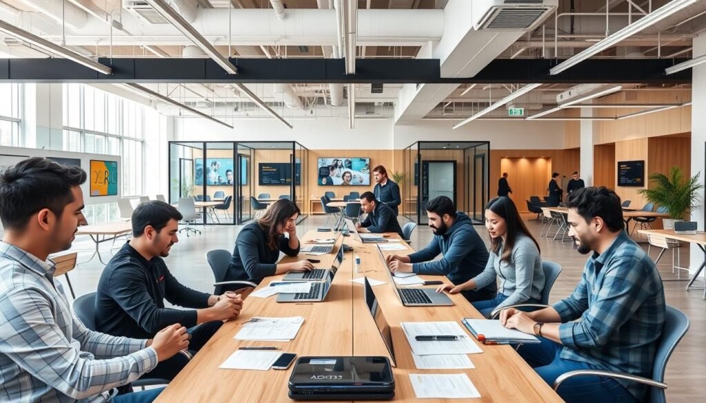 A modern, professional co-working space with a vibrant, innovative atmosphere. In the foreground, a group of entrepreneurs collaborating at a long wooden table, laptops open and papers scattered. In the middle ground, glass-enclosed meeting rooms with dynamic wall displays. The background features an open, airy layout with high ceilings, abundant natural light streaming through large windows, and sleek, minimalist decor. The overall scene conveys a sense of creativity, productivity, and the collaborative spirit of the AUC Venture Lab, a hub for startups and innovators.