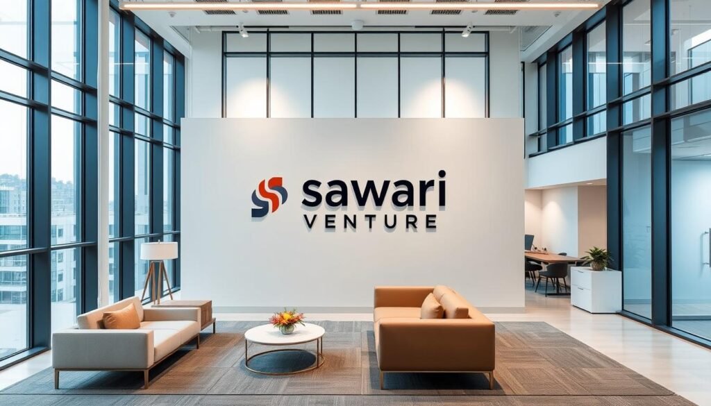 A modern, sleek office interior showcasing the Sawari Ventures logo and branding. The space features floor-to-ceiling windows, allowing natural light to flood the room. Minimalist furniture and decor create a professional, sophisticated atmosphere. Subtle patterns and textures on the walls and floors add visual interest. The layout is designed to promote collaboration, with comfortable seating areas and integrated technology. An overarching sense of innovation and forward-thinking permeates the scene, reflecting Sawari Ventures' strategic investment approach.