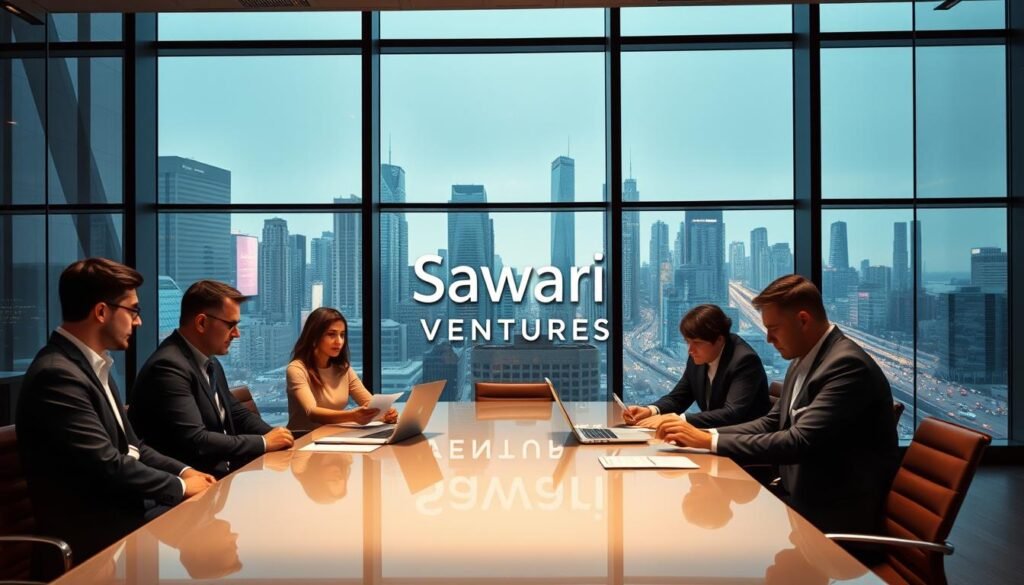A modern, sleek office interior with floor-to-ceiling windows overlooking a bustling cityscape. In the foreground, a group of business executives gathered around a polished conference table, engaged in an animated discussion. The lighting is warm and professional, casting a soft glow on their faces as they review documents and laptops. In the middle ground, a large, minimalist logo for "Sawari Ventures" is prominently displayed on the wall, signaling the firm's prestigious presence. The background is filled with the vibrant energy of the city, with skyscrapers and traffic visible through the windows, suggesting the dynamic ecosystem in which this venture capital firm operates.