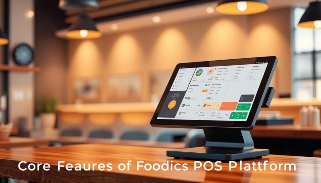 A modern, sleek restaurant point-of-sale (POS) system displayed on a wooden counter, surrounded by a warm, inviting atmosphere. The POS interface showcases intuitive menu management, order processing, and payment functionalities. Soft, indirect lighting accentuates the clean, minimalist design of the hardware, creating a sophisticated ambiance. A subtle reflection on the counter surface adds depth and a sense of polish. The overall scene conveys efficiency, professionalism, and a high-quality dining experience, perfectly suited for the "Core Features of Foodics POS Platform" section.