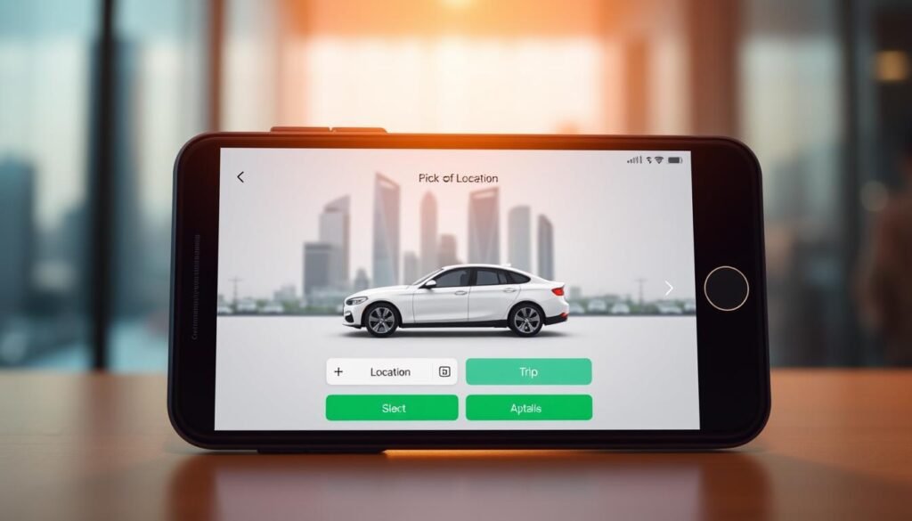 A modern smartphone interface displaying the Careem mobile app's trip booking screen. The foreground shows a clean, minimalist UI with large touch-friendly buttons for selecting pickup location, drop-off destination, and trip details. The middle ground depicts a 3D rendered car model, accurately representing the Careem vehicle design. In the background, a blurred cityscape provides context, featuring skyscrapers and other urban landmarks. Subtle lighting casts a warm, inviting glow across the scene, creating a sense of professionalism and user-friendliness. The overall composition guides the viewer's attention to the core functionality of the Careem app, reflecting the section's focus on how the application works.