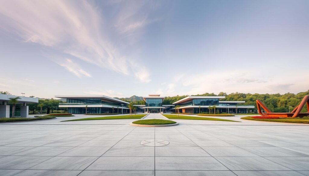 A modern, state-of-the-art technology innovation campus with sleek, futuristic architecture. The foreground features a vast, open plaza with clean lines and minimalist design, leading to the main entrance of the central building. The middle ground showcases a series of low-rise, interconnected structures with glass facades that reflect the sky and surrounding environment. In the background, lush greenery and landscaping create a serene, contemplative atmosphere, complementing the innovative spirit of the park. Warm, diffused lighting casts an inviting glow, while the camera angle captures the dynamism and energy of the space, emphasizing its role as a hub for technological advancements and entrepreneurial success.
