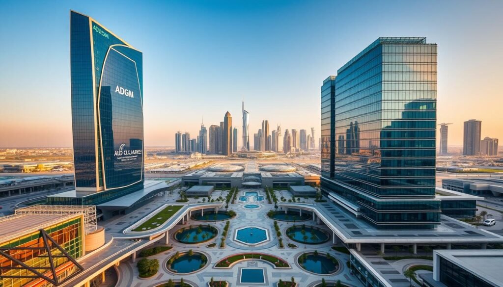 A modern, well-designed cityscape featuring the iconic architectural marvels of the Abu Dhabi Global Market (ADGM) complex. In the foreground, the striking, angular glass facades of the ADGM buildings rise majestically, reflecting the vibrant blue sky above. In the middle ground, a network of pedestrian walkways, plazas, and water features create a dynamic, interconnected public space. In the background, the towering skyscrapers of the Abu Dhabi skyline create a stunning urban backdrop, conveying a sense of technological innovation and global connectivity. Warm, diffused lighting illuminates the scene, casting long shadows and creating a mood of sophistication and progress. The overall composition emphasizes ADGM's role as a hub of business, finance, and technology in the heart of Abu Dhabi.