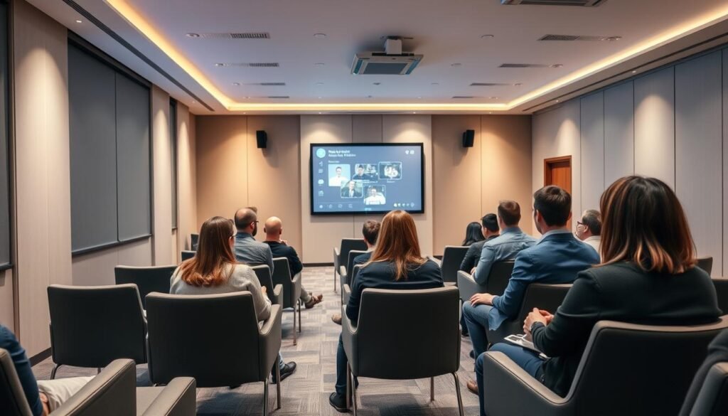A modern, well-equipped training room with comfortable seating arrangements, sleek furniture, and warm lighting. In the foreground, a group of people engaged in an interactive session, their faces focused and attentive. The middle ground showcases a large, high-resolution display screen, projecting visuals to support the training. The background features minimalist decor, creating a professional, yet inviting atmosphere. The overall scene conveys a sense of productive, specialized learning taking place within a sophisticated, technologically-advanced environment.