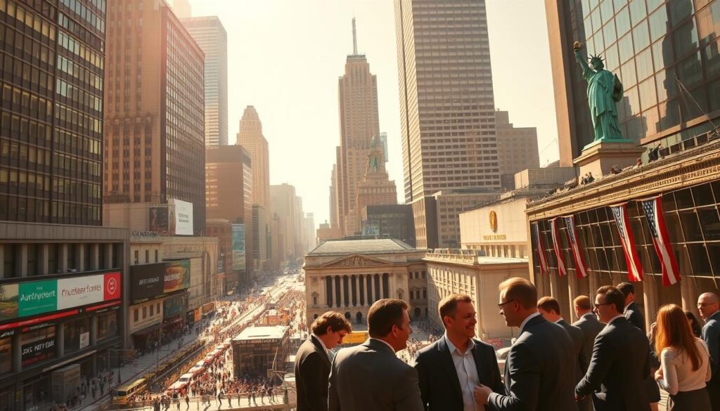 A panoramic view of the bustling financial district in New York City, with towering skyscrapers and a vibrant street life. In the foreground, a group of business professionals are engaged in lively discussions, their body language conveying a sense of confidence and collaboration. The middle ground features a bustling stock exchange, where traders and analysts pore over data and make decisions that shape the American economy. In the background, the iconic Statue of Liberty stands tall, a symbol of the opportunities and prosperity that draw investors from around the world to the United States. The scene is bathed in warm, golden sunlight, creating a sense of optimism and vibrancy.