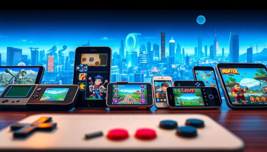 A panoramic view of the evolution of mobile gaming, capturing the journey from simple 8-bit classics to the immersive, high-fidelity experiences of today. In the foreground, a retro game console fades into the background as sleek, modern smartphones take center stage, their screens displaying a diverse array of game genres and art styles. The middle ground showcases the progression of mobile hardware, from early monochrome devices to the vibrant, high-resolution displays of contemporary models. In the distance, a futuristic cityscape emerges, hinting at the boundless potential of mobile gaming's technological advancements. The scene is bathed in a warm, nostalgic glow, evoking a sense of wonder and innovation that has defined the dynamic evolution of mobile gaming.