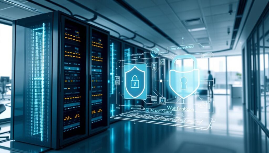 A serene cybersecurity landscape featuring a secure server room with intricate data protection mechanisms. The foreground showcases a sleek, modern server rack with glowing indicator lights, conveying a sense of reliable infrastructure. In the middle ground, holographic security protocols and firewalls emanate from the server, creating an aura of advanced digital safeguards. The background depicts a minimalist, futuristic office environment with floor-to-ceiling windows, allowing natural light to filter in and accentuate the high-tech atmosphere. The overall scene radiates a profound sense of data safety and website security, embodying the essence of UltaHost's reliable hosting solutions. A serene cybersecurity landscape featuring a secure server room with intricate data protection mechanisms. The foreground showcases a sleek, modern server rack with glowing indicator lights, conveying a sense of reliable infrastructure. In the middle ground, holographic security protocols and firewalls emanate from the server, creating an aura of advanced digital safeguards. The background depicts a minimalist, futuristic office environment with floor-to-ceiling windows, allowing natural light to filter in and accentuate the high-tech atmosphere. The overall scene radiates a profound sense of data safety and website security, embodying the essence of UltaHost's reliable hosting solutions.