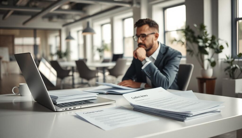 A serene workspace with a well-organized desk, featuring an open laptop, a stack of customer reviews, and a thoughtful executive pondering feedback. The lighting is soft and diffused, creating a contemplative atmosphere. In the background, a sleek, modern office interior with minimalist decor and large windows, allowing natural light to fill the room. The overall scene conveys a sense of professionalism, diligence, and a commitment to understanding and addressing customer needs.