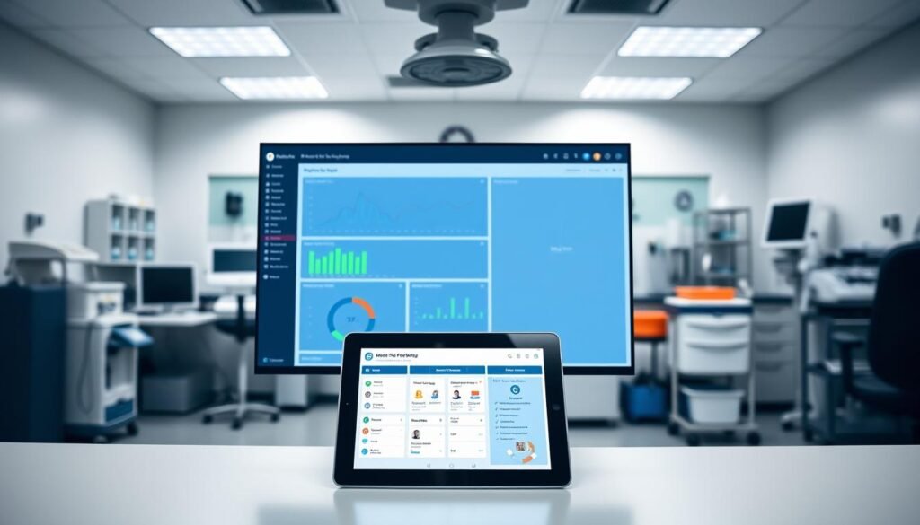 A sleek and intuitive medical practice management system interface with a clean, modern design. The foreground features a dashboard display with real-time patient data, appointment scheduling, and billing functions. The middle ground showcases a tablet device displaying an interactive patient portal, allowing seamless communication and self-service. In the background, medical equipment and supplies are neatly organized, creating a professional and efficient atmosphere. The lighting is soft and diffused, enhancing the calm, clinical ambiance. The camera angle is slightly elevated, providing an overview of the comprehensive system and its user-friendly capabilities.