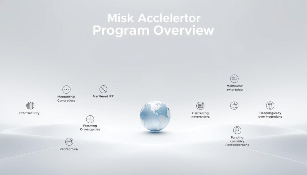 A sleek and modern program overview for the Misk Accelerator, featuring a clean and minimalist design. In the foreground, a series of interconnected shapes and lines represent the different components of the accelerator program, such as mentorship, workshops, and funding opportunities. The middle ground showcases a stylized globe, symbolizing the global reach and impact of the program. In the background, a soft, gradient-driven environment creates a sense of depth and sophistication. The overall composition is balanced, with a harmonious use of colors and geometric elements that convey the innovative and forward-thinking nature of the Misk Accelerator.