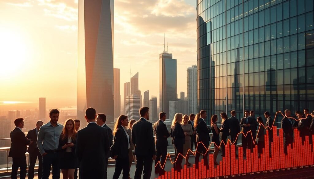 A sleek, modern financial center with gleaming glass towers and a bustling city skyline. In the foreground, elegant graphs and charts depicting investment strategies and financial solutions, rendered in a vibrant, data-driven style. The middle ground features a diverse array of investors and financial professionals engaged in animated discussions, their body language conveying the dynamism of the industry. The background is bathed in a warm, golden light, evoking a sense of prosperity and growth. The composition is balanced and symmetrical, reflecting the precision and sophistication of the financial world.