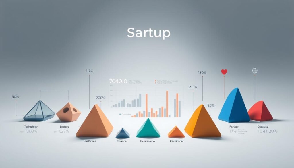 A sleek, modern infographic showcasing the sectoral breakdown of startups. The foreground features a series of distinct geometric shapes, each representing a different industry sector - technology, healthcare, finance, e-commerce, and more. These shapes are arranged in a visually striking composition, with careful attention to balance, symmetry, and color harmony. The middle ground features subtle gridlines and data visualizations, providing contextual information about the relative sizes and proportions of the various sectors. The background is a clean, minimalist space, allowing the infographic elements to take center stage. The overall aesthetic is professional, data-driven, and designed to clearly communicate the subject matter. Lighting is soft and diffuse, creating a sense of depth and dimension. The camera angle is slightly elevated, giving the viewer an intuitive bird's-eye perspective.