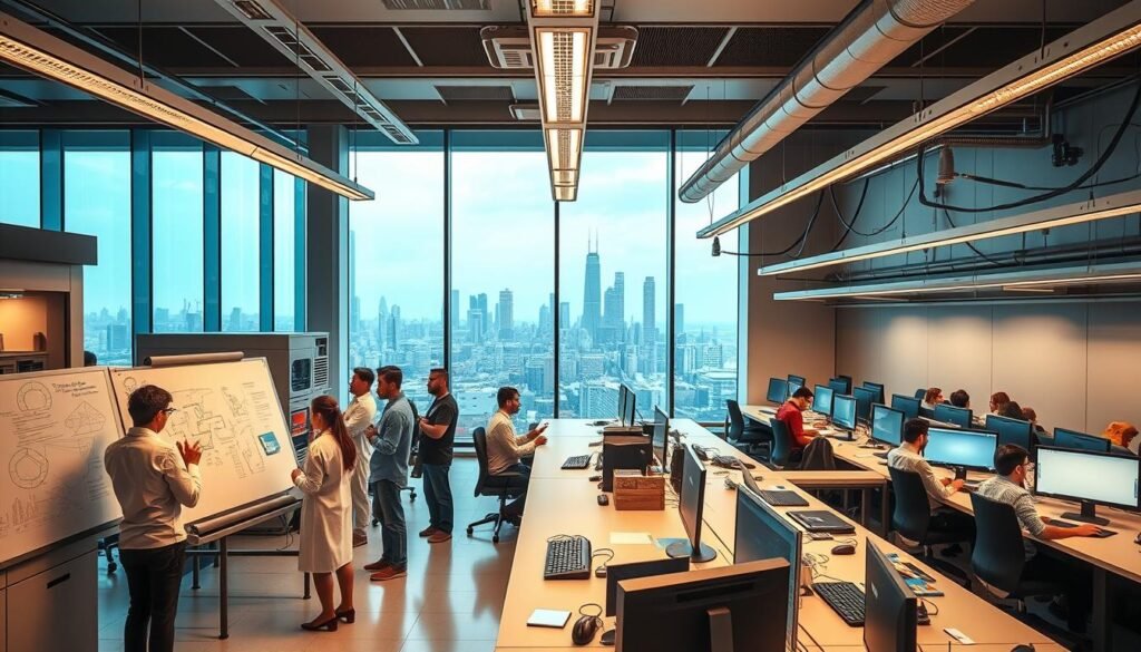 A sleek, modern laboratory interior with state-of-the-art equipment and technology. In the foreground, a team of researchers collaborating at a large whiteboard, brainstorming ideas and sketching out plans. The middle ground features rows of computers and workstations, where young entrepreneurs are intensely focused on their laptops, developing innovative business proposals. The background showcases a panoramic view of the bustling city skyline through floor-to-ceiling windows, symbolizing the lab's connection to the broader entrepreneurial ecosystem. Warm, directional lighting illuminates the space, creating a vibrant and energetic atmosphere conducive to creativity and problem-solving. The overall scene conveys the AUC Venture Lab's mission to nurture the next generation of startups and empower Cairo's thriving innovation community.